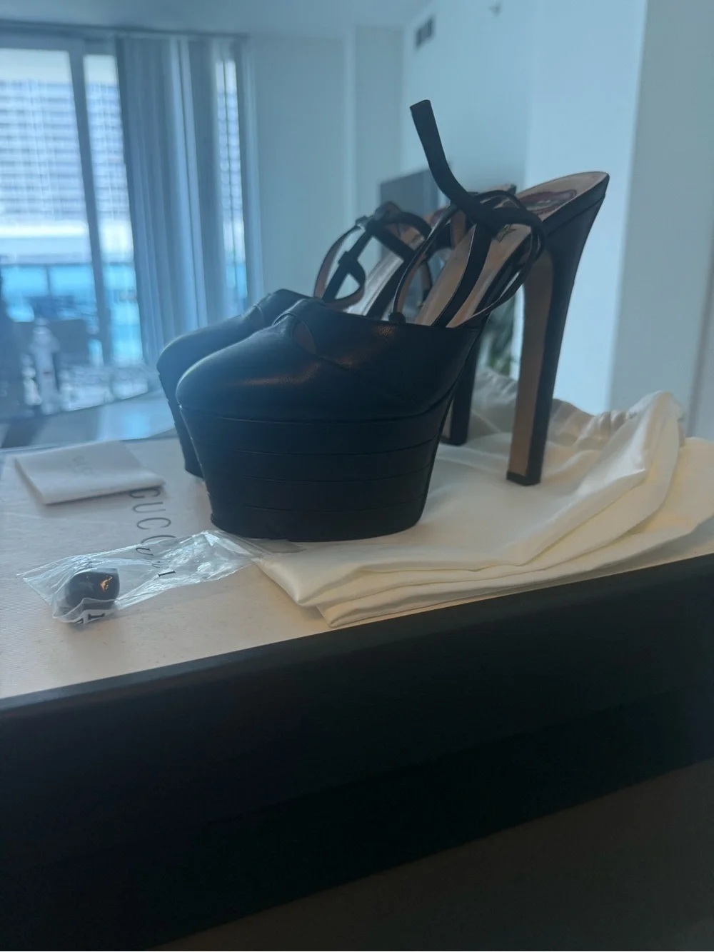 Gucci Black Leather Platform Strappy Ankle-Heels